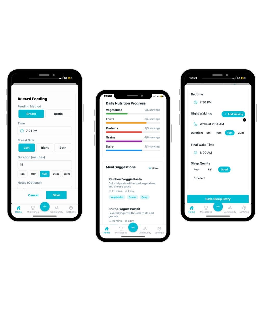 Baby tracker app showing feeding, nutrition and sleep tracking screens